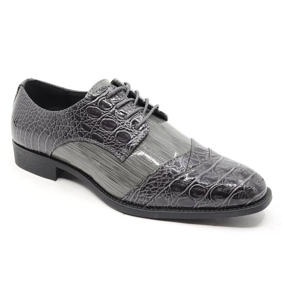 Gray Men's Formal Alligator Print Folded Cap Toe Oxford Lace up Dress Shoes - Picture 1 of 1